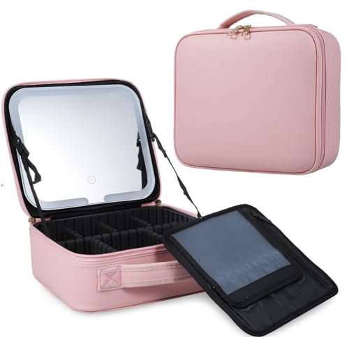 Make up Tasche Große Reise Kosmetiktasche mit Spiegel & LED Licht, Kosmetiktasche für Handtasche mit Verstellbaren Teilern und Riemen, Professionelle Beauty-Nagel-Handheld, Tragbare Kosmetiktasche