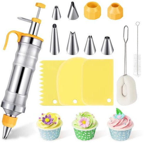 Mlijzard Jeringa y boquillas para decoración de postres y pasteles, juego de pistola de decoración de glaseado de acero inoxidable 304 con 6 puntas de tubería, 2 acopladores, 3 raspadores de pasteles,