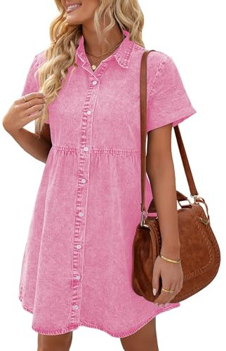 Vetinee Robe d'été en jean pour femme - Manches courtes - Boutonnée - Robe décontractée - Robe chemise, rose aurore, M