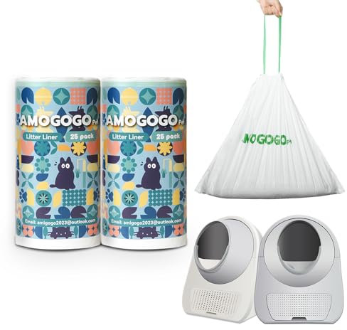 AMOGOGOPET 50 Stück Katzentoilettenbeutel, kompatibel mit selbstreinigender Katzentoilettenschaufel Young & ProX & Ultra, automatische Katzentoiletteneinlagen, Ersatz-Müllbeutel mit Kordelzug, 65 x 40