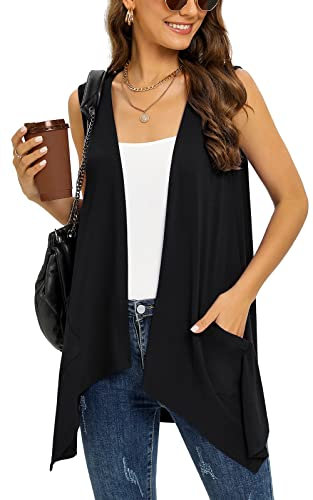 Wiwclo Fall Sleeveless Cardigans for Women Lightweight Black Vest with Pockets Casual Soft Knit Open Front Long Draped Duster Irregular Hemline,XL