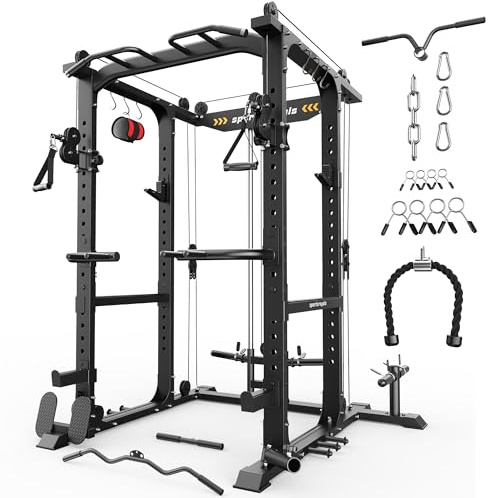 Sportsroyals Squat Rack, LAT Power Cage, Power Rack Multi-Function with Pulley System and Training Attachments for Home Gym