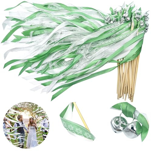 Wedding Wands,50 Stück Stäbe mit 100 Groß Glöckchen und 150 Hochzeitsbändern,Seidenfeenstab,Gastgeschenke für Partys,Zauberstäbe Hochzeit Luftschlangen,für Hochzeiten,Geburtstage,Feiertagsfeiern
