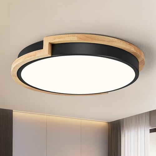 WOKNOS Deckenlampe, Deckenleuchte Schwarz 30cm, 24W LED Lamp mit Holz für Schlafzimmer Wohnzimmer Küche Flur Esszimmer 4000K