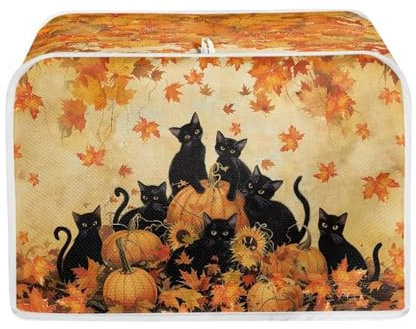 TOADDMOS Schwarze Katze, Kürbisse, Ahornblatt-Toaster-Abdeckung, 2 Scheiben, Toaster, Staubschutz, Küchenbrot, maschinenwaschbar, Abdeckungen mit Haken