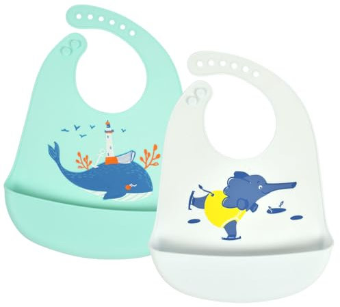 Vicloon Silikon Baby Lätzchen, 2PCS Baby Fütterlätzchen mit Auffangschale 6 Verstellbaren Tasten, BPA Frei, Babylätzchen Einfache Reinigung, Wasserdicht für Babys Jungen und Mädchen, Elefant & Wal