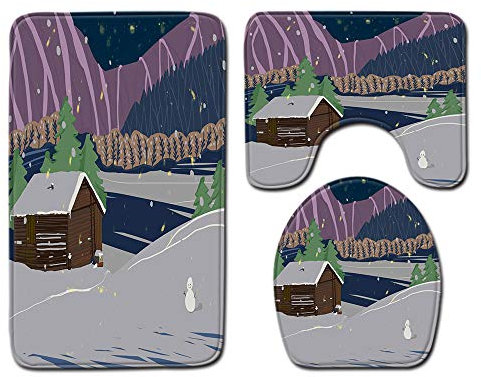 Bad Teppiche Set Grau Lila Weihnachten Badezimmerteppich Waschbar WC Vorleger mit Ausschnitt und WC Deckelbezug 3 Teilig Badematte rutschfest Toilettensitzbezug Badgarnitur 45x75 cm