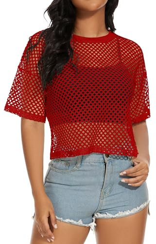 florynova Womens Fishnet Mesh Tops Summer See Through T Shirt Short Sleeve Sheer Blouse(Red,XL)
