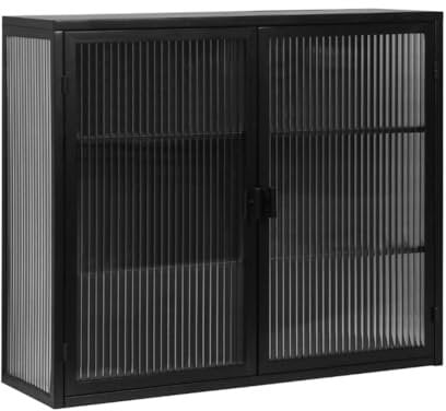 Pawom Glastüren zweitüriger Wandschrank, Badezimmerschrank Hängend, Hängeschrank 23 cm tief, Wandschrank Badezimmer, Wohnzimmer Badezimmer Esszimmer (Schwarz)