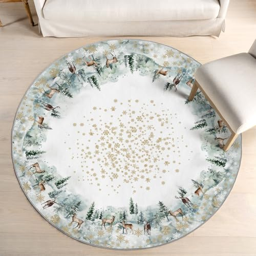 Artoid Mode Golden Schneeflocken Bäume Rentier Weihnachten Teppich, Rund 120 cm Relax Kuscheliger Anti-Rutsch Unterseite Küche Wohnzimmer Dekoration