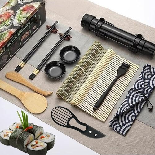 SQAQS Sushi Maker Kit, DIY Kit Sushi Complet pour Les Débutants avec Tapis à Sushi, 14 Pièces Maker Kit en Bambou, Kit de Préparation de avec Un Coffret Cadeau