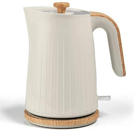 New Cream and Wood Textured with 3KW Fast Boil Element 1.7L Kettle and Easy View Water Window, Energy Smart 1 Cup Minimum Fill to Save Time and Energy.