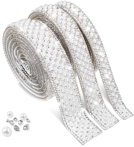 3 Rollen Perlen Strassband Selbstklebend Perle Glitzersteine Glitzer Diamanten Band Selbstklebende Perlen Glitzerband Kristall Band Perlenaufkleber für DIY Handyhüllen Autos Hochzeitsfeier