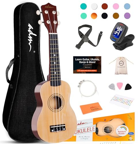 ADM Ukulele für Anfänger, Ukulele aus Holz, Hawaiianische Ukulele für Kinder, Erwachsene, Studenten, Anfänger, professionelle Ukulele mit Gurt für kostenlosen Unterricht, Gürtel
