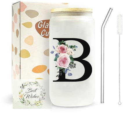 JEKUGOT A-Z Initial Personalised Birthday Gifts for Women, 16oz Iced Coffee Glass Cups with Lids and Straws, Glass Coffee Cup Gift Set for Mothers, Friends, Women, Men, Iced Coffees Cup Gift (B)