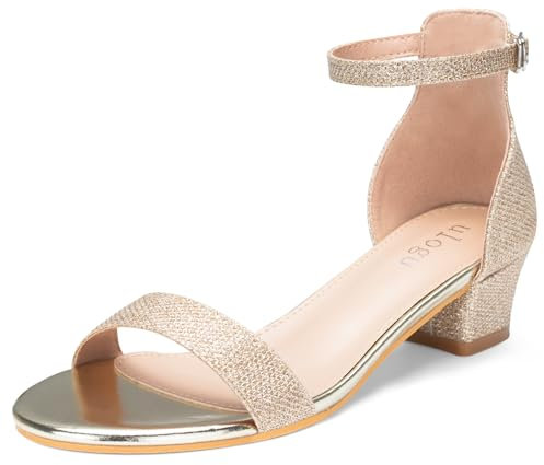 FOGOIN Women's Sandals with Block Heel,Sparkly Elegant Strappy Party Heels with Ankle Strap,Summer Comfortable Glitter Sandal for Ladies Wedding Shoes for Bride,Gold 6UK/40EU