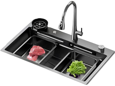 XUQQU Fregadero Cocina 75x46cm, Fregadero De Cocina Bajo Encimera O sobre Encimera con Grifo Extraíble Y Escurridor, Acero Inoxidable(68x46cm/26.7 * 18.1in)