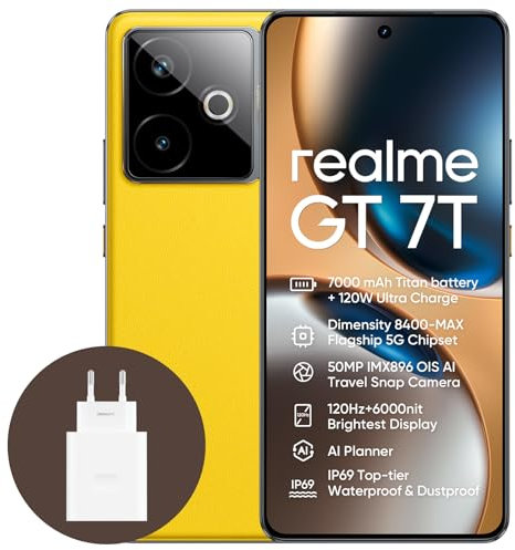 realme GT 7T 5G Smartphone,12+512GB,Batteria 7000mAh,120W charge,Processore Dimensity 8400-MAX, Fotocamera IMX896 50MP, AI Planner, Display Pro-Esports da 6000 nit 120Hz,IP69,Giallo esclusiva Amazon