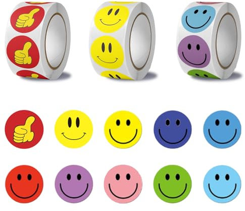 3 Rollen 1500 Stück Smiley Aufkleber, Smiley Sticker Runde 2,5cm, Lehrer Belohnungssticker für Belohnungsaufkleber, Geschenkdekorationen, Partydekorationen, Emoji Sticker