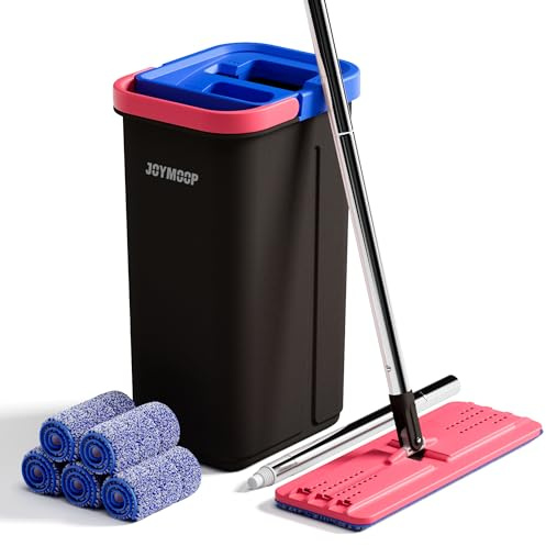 JOYMOOP Mop and Bucket Set for Home, Hands-Free Self-Cleaning System, with 5 Reusable Microfiber Mop Pads, Suitable for Floor Cleaning and Wall Cleaner - Black+Red+Slate Blue