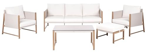 Beliani Garden Sofa Set 5 Seater Aluminium and Tempered Glass Powder Coated Finish Beige Includes Sofa, 2 Armchair, Table UV Resistant, Nola