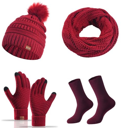 MAZELIKEHOOD Damenschal Handschuhe Mütze Socken Set 4-teilig Winteraccessoires Strick Set Weich Warm für Frauen Beanie Schal Fäustlinge Socken