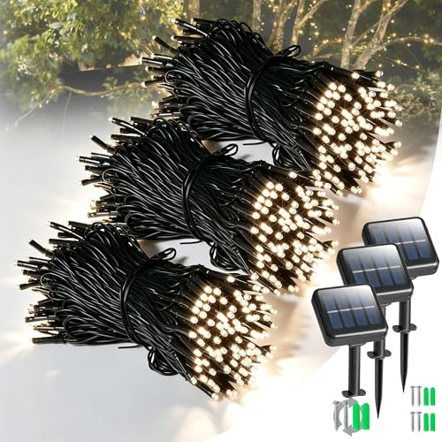 3 Pack Solar Lights Outdoor Garden, Each 18M 180 Led Solar Powered String Lights Waterproof ,Fairy Lights 8 Modes, 2 Mounting Ways for Outside Patio Yard Tree Garden Christmas Decorations Warm White