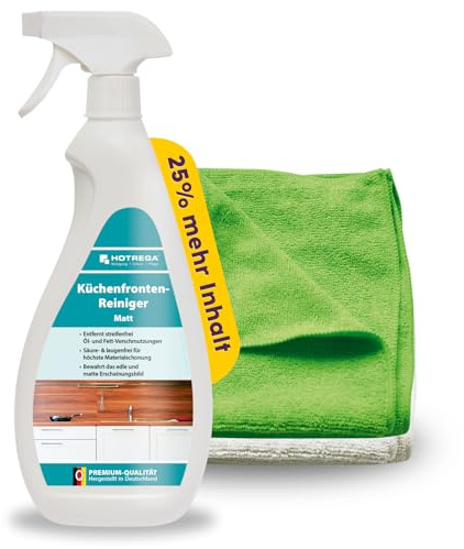 HOTREGA Küchenfronten Reiniger Matt 750 ml inkl. 2 Microfsertücher | Für matte Küchenfronten & empfindliche Oberflächen | Entfernt Fingerabdrücke & Alltagsschmutz