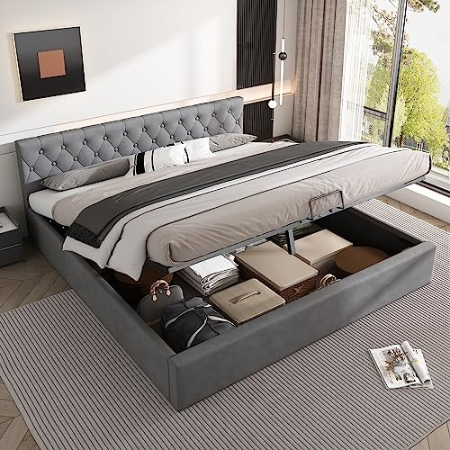 Samt Polsterbett mit Kopfteil und Stauraum, Elegantes Doppelbett mit Lattenrost, hydraulisches Bettgestell mit gepolsterter Rückenlehne, modernes Design für Schlafzimmer