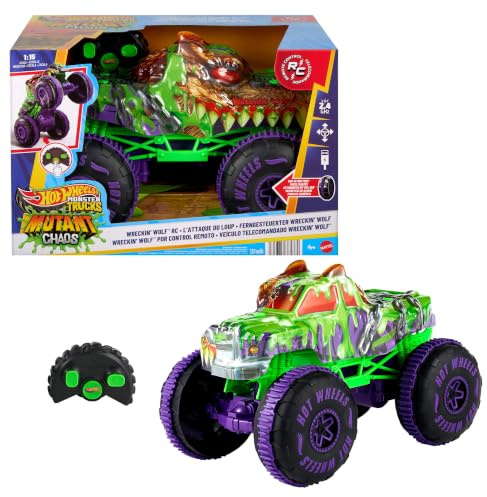 Hot Wheels Monster Trucks Mutant Chaos Wreckin’ Wolf RC Fahrzeug | Batteriebetriebenes ferngesteuertes 1:15 Spielzeugfahrzeug mit Offroad-Reifen und Wheelie-Stunts auf Knopfdruck, JMM77