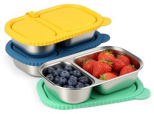 3 Pack Stainless Steel Snack Containers with Silicone Lids, Reusable 2 Compartment Snack Box, Small Bento Lunch Box for Kids Adults, Food Containers for School Work and Travel, Outdoor Camping