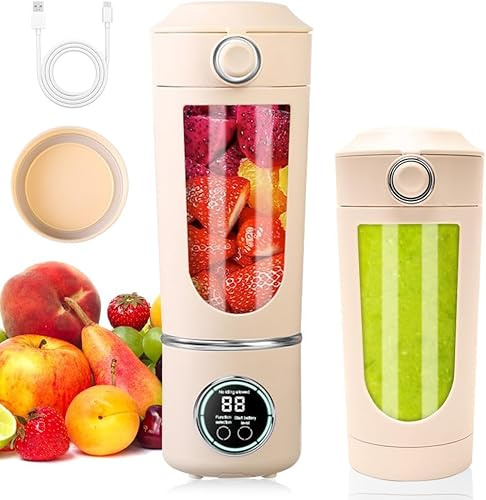 Mixeur portable 700 ml - Mini blender avec 12 lames en acier inoxydable et affichage numérique - Rechargeable - Petit pour les voyages, la cuisine, le fitness - Beige A