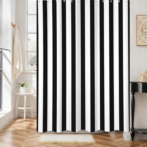 Hnmdmyi Tenda da doccia a righe verticali 180x200, striscia nero e bianca Vintage Astratta Moderna Minimalista Tessuto In Poliestere Impermeabile Lavabile Tenda da bagno con Gancio