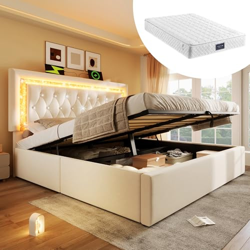 Jaxenor Doppelbett 160x200 mit Hydraulisch Stauraum, Polsterbett mit USB & Type-C Ladestation, Samt Bettgestell mit LED-Diamantband im Kopfteil, Jugendbett mit Lattenrost, Beige(Mit Matratze)