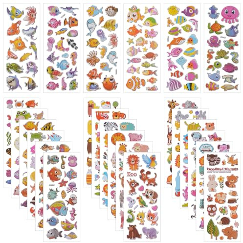 Vicloon 3D Aufkleber, 24 Blätter 380+ Verschiedene 3D Stickers Geschwollene, Aufkleber Einschließlich Unterwasserfische, Zeichentricktiere und Mehr