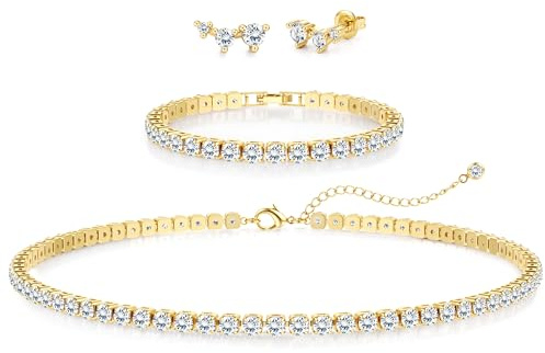 Diamday Conjunto de Joyas Hipoalergénico Para Mujer Collar Tenis Pendientes y Pulsera Con Poste de Plata Esterlina 925 Ideal Para Boda Damas de Honor Fiesta Accesorios de Vestir
