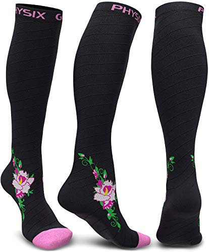 Physix Gear Sport Kompressionsstrümpfe Damen & Herren Stützstrümpfe (20-30mmHg) für Wassereinlagerungen, Flugreisen & Sport Kompressionssocken Langlebige Laufsocken Compression Socks PINK BLUME L/XL