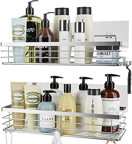 Orimade Shower Caddy Stainless Steel No Drilling Adhesive Wall Mounted Shower Shelf with 5 Hooks Bathroom organiser for Shampoo Conditioner, Rustproof 2 Pack (Silver)