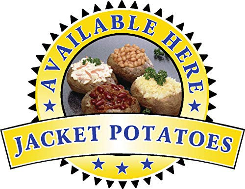 „Jacket Potato Sold Here“ Aufkleber – Catering Schild Fensteraufkleber Cafe Restaurant Eis, Small 150 x 195mm, gelb