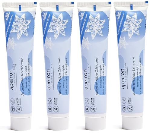 APEIRON Auromere Kräuter Zahncreme, Bei Homöopathie (4 X 75 Ml), Minze Geschmack, Bio Zahnpasta, Vegan, Fluoridfrei, Homöopathieverträglich, Naturkosmetik
