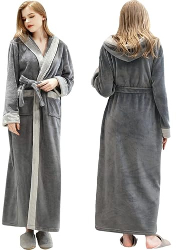 Oksun Dressing Gown Full Length Hooded Robe Plus Size Fleece Winter Warm Soft Bathrobe 1915-Grey, UK14-20(Label XL)