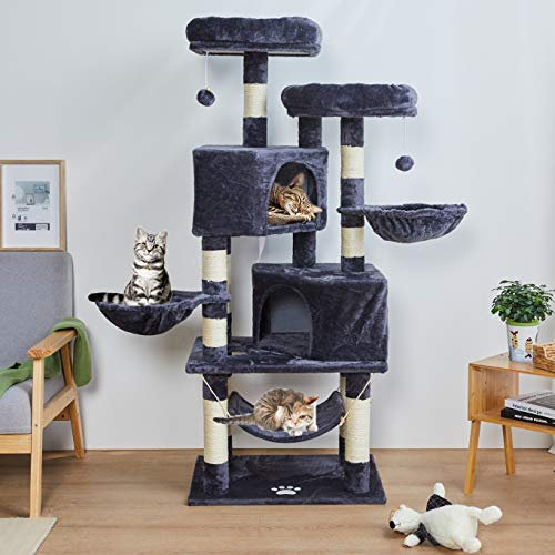 MSmask Stabiler Kratzbaum, Kratzbaum groß mit 2 Plattformen, Katzenbaum für Große Katzen, mit großer Höhle, Sisalstämme, Natur Sisal Katzenkratzbaum, Dunkelgrau