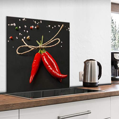 murando Glass Splashback for Kitchen Backsplash Cooker Protector Tempered Glass Decorative Wall Art Panel Heat Resistant Graphic 60x60 cm / 24x24 Red Pepper Vegetables Salt j-B-0080-aq-a