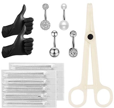 ATOMUS Piercing Set 5pcs 14G Piercing Needles 12G Stainless Steel Belly Button Bar Piercing Tweezers Jewellery Bananabells