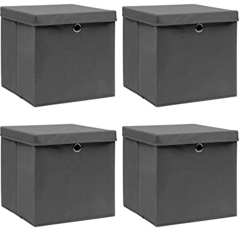 vidaXL Storage Boxes with Lids - Grey Fabric Non-Woven Material, Durable & Foldable, 4 pcs, Easy Retrieval with Metal Eyelets, 32x32x32cm
