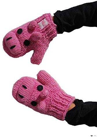 Pink Yak Handgemachte Tierhandschuhe Schwein für Kinder (XS)