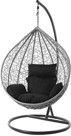 Kideo® Komplettset: großer Hängesessel mit Gestell & Kissen, Lounge Möbel, Poly-Rattan, XXL, grau (Kissen: schwarz Nest (9999 Black))