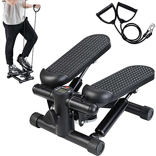 BAKAJI Stepper Fitness-Training, Cardio, Beine, Hüfte, mit LCD-Display, Kalorien, Zeit und Hanteln, elastisch, Arme, Schultern, Struktur aus Edelstahl, rutschfeste Pedale (schwarz)