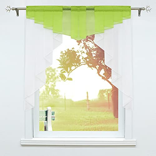 SCHOAL Scheibengardinen Küche Kleinfenster Gardinen mit Kräuselband oder Tunnelzug Bistrogardinen Voile Transparente Kurzgardinen Modern 1 Stück BxH 80x80cm Grün