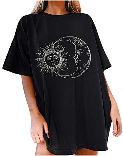 Women's Summer Vintage Sun and Moon Graphic T-Shirt - Short Sleeve Crewneck Oversize Loose Fit Casual Tops - Plus Size Blouse